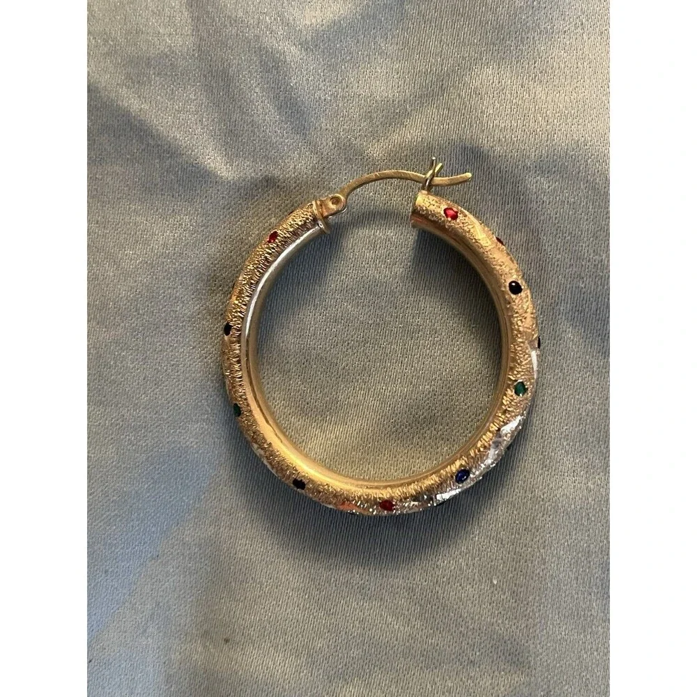 14K YELLOW GOLD MULTI-COLOR DROP  EARRINGS RED GREEN BLUE  HOOP LOOP 6.2G GRAM